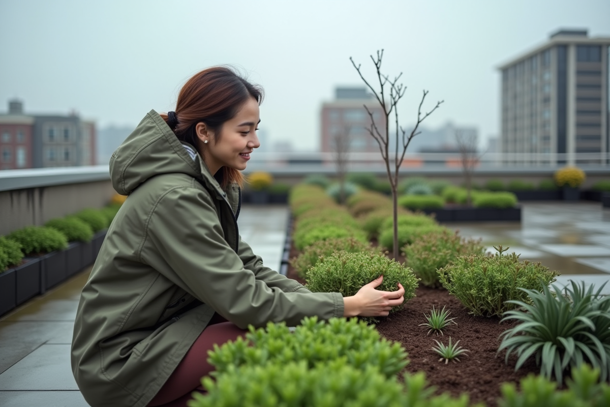 Jeune femme examinant des sedums sur un toit végétal