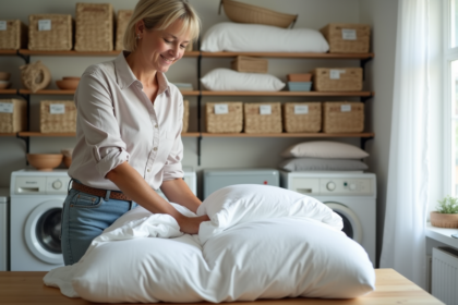 Femme plie un duvet blanc dans une buanderie lumineuse