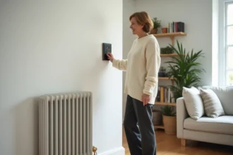 Femme devant un radiateur à accumulation électrique dans un salon moderne au style scandinave