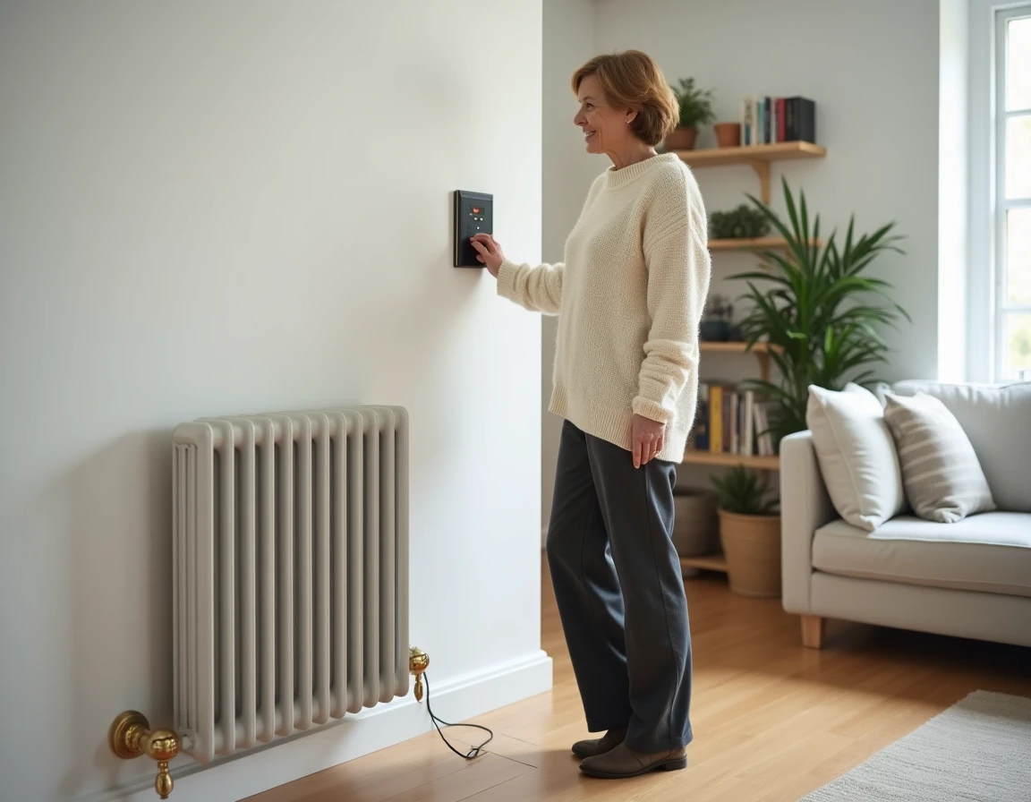 Femme devant un radiateur à accumulation électrique dans un salon moderne au style scandinave