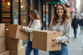 Femme souriante ramassant cartons devant un supermarché