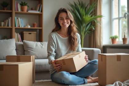 Jeune femme en salon trie des cartons pour recyclage