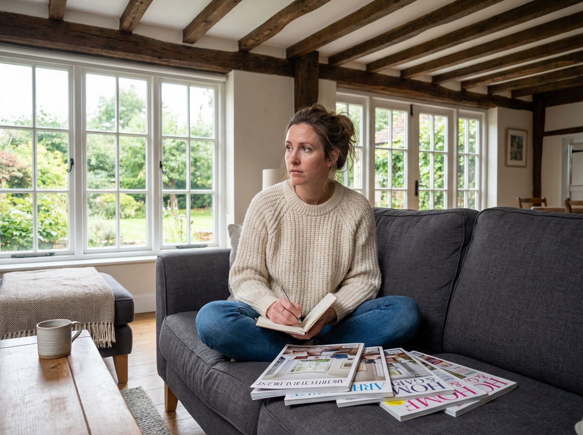 Femme lisant magazines de rénovation dans son salon