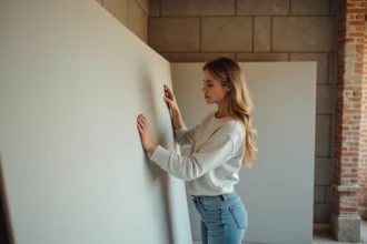 Femme examinant une plaque de platre dans une maison en renovation