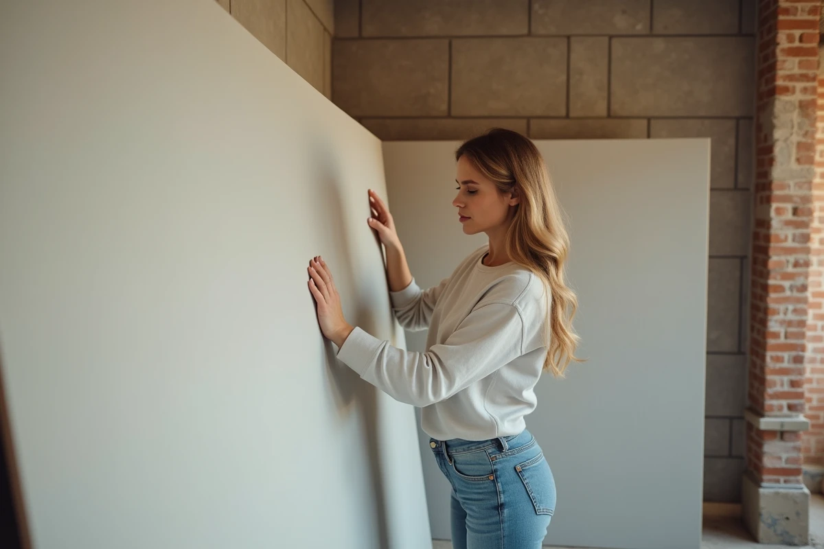 Femme examinant une plaque de platre dans une maison en renovation