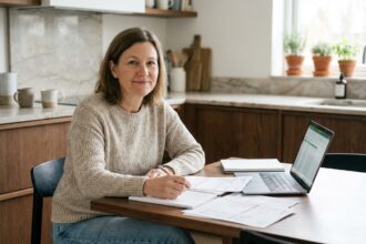 Femme détendue vérifiant ses finances à la maison