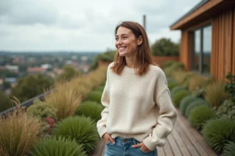 Femme souriante sur toit vert d'un ecobatiment moderne
