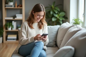 Femme assise sur un canapé dans un salon lumineux