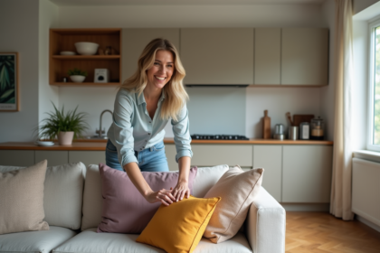 Femme souriante arrangeant des coussins colorés dans un salon moderne