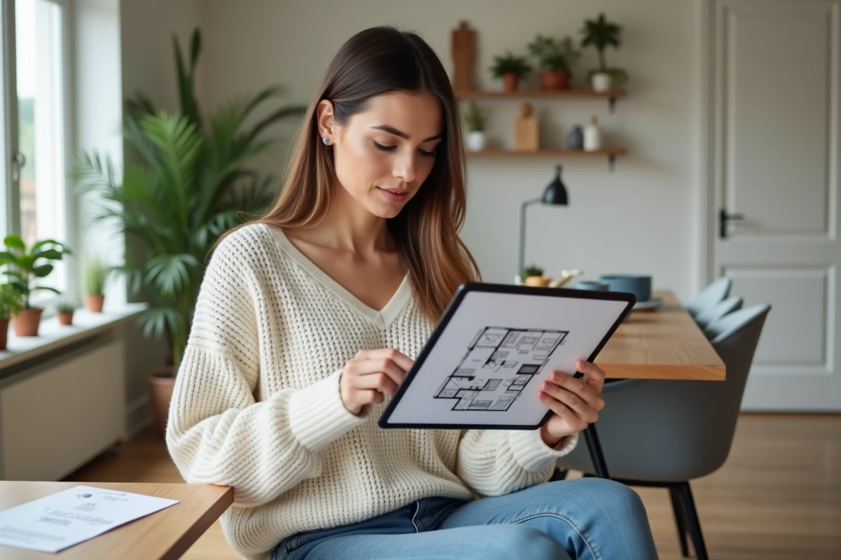 Femme regardant un plan immobilier sur une tablette dans un intérieur lumineux