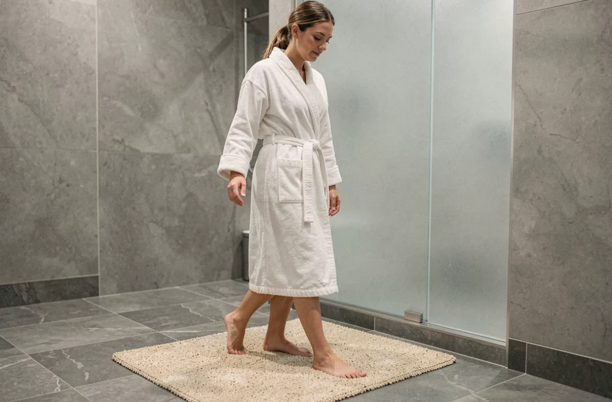 Femme en peignoir blanc posant le pied sur un tapis de bain en diatomite beige dans une salle de bain moderne
