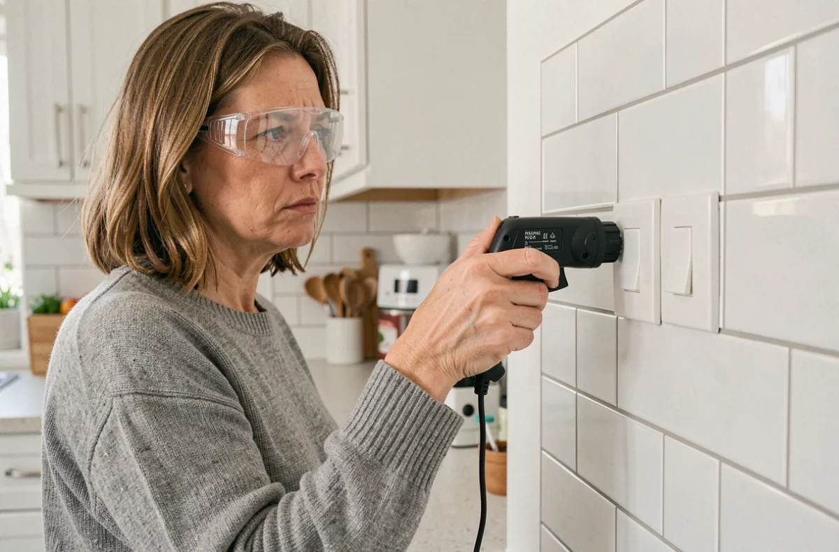 Femme utilisant un testeur de tension sans contact pour contrôler la sécurité d'un interrupteur poussoir dans une cuisine moderne