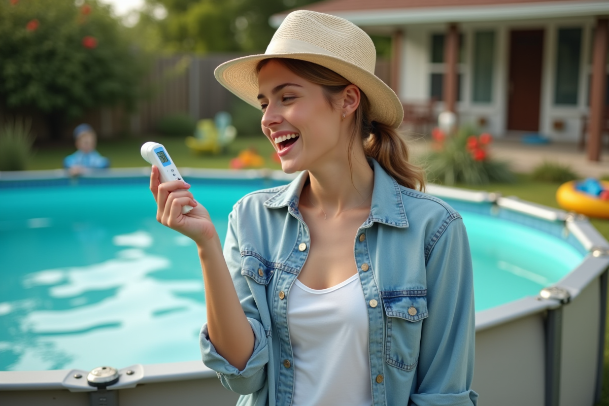 Femme tenant un thermometre devant une piscine gonflable