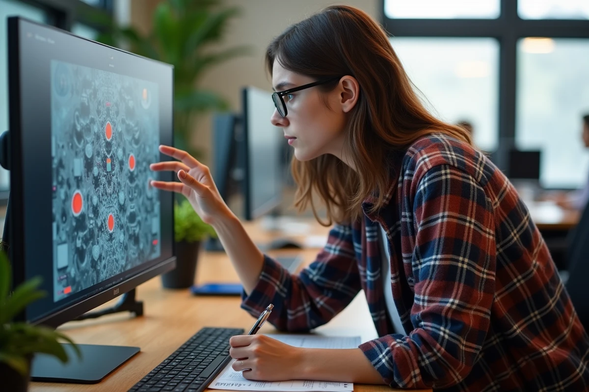 Femme en coworking analysant un écran 3D complexe