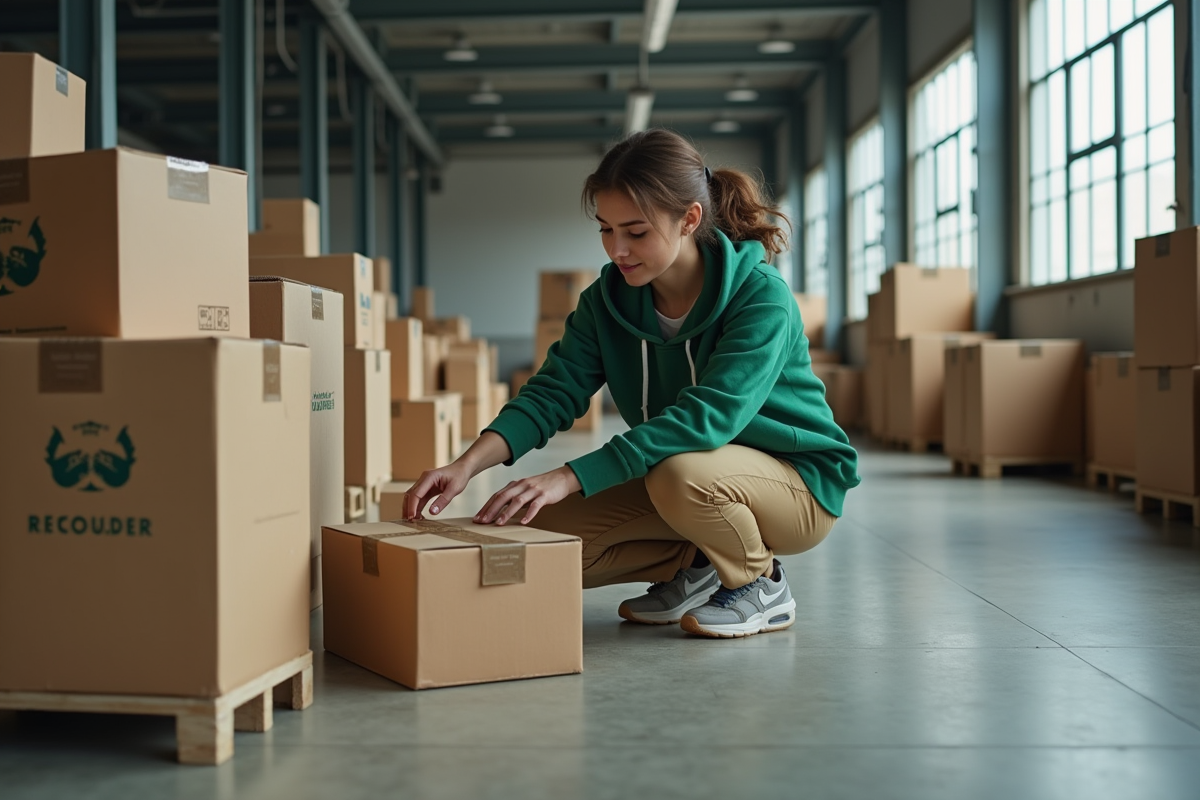 Jeune femme triant des cartons dans un entrepôt industriel