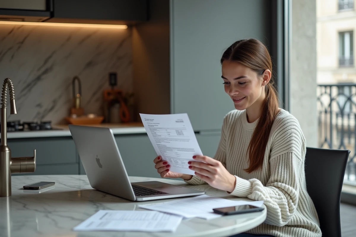 Jeune femme vérifiant un devis de serrurier dans sa cuisine parisienne