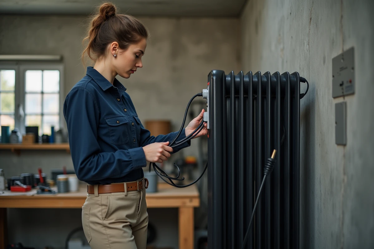 Femme bricoleur vérifiant le câble électrique adapté à son radiateur à inertie dans un atelier