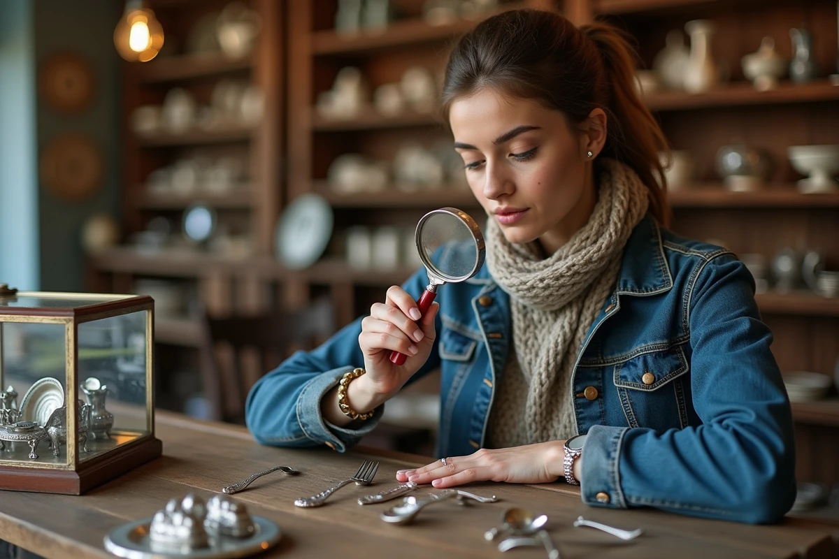 Jeune femme inspectant une fourche en argent dans une boutique antique
