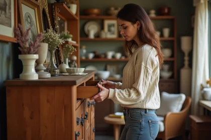 Femme examinant un meuble vintage dans un showroom chaleureux