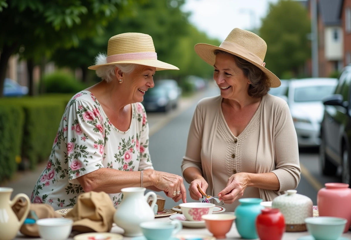 Deux femmes âgées discutant autour de vaisselle vintage