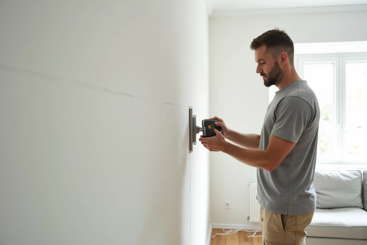 Bricoleur utilisant un détecteur de montants pour fixer une fixation murale sur une cloison en placo dans un salon moderne