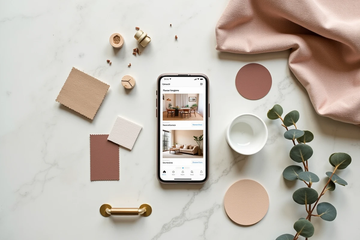 Flat lay d'une application de décoration sur smartphone entourée d'échantillons de matériaux et de swatches de couleurs pour l'aménagement intérieur 2026