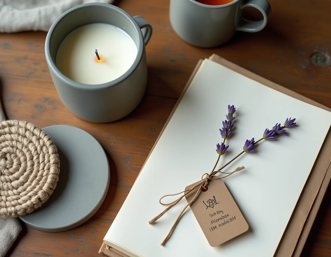 Vue du dessus d'une table en bois avec décorations DIY hygge artisanales incluant bougie, coaster tissé et carnet de sketches