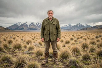 Florent Pagny en Patagonie, silhouette solitaire sur la steppe argentine avec les Andes en arrière-plan
