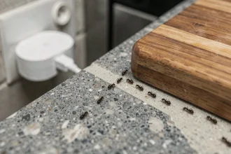 Fourmis noires envahissant un plan de travail de cuisine avec un répulseur ultrasonique en arrière-plan, méthode de lutte antiparasitaire moderne 2026