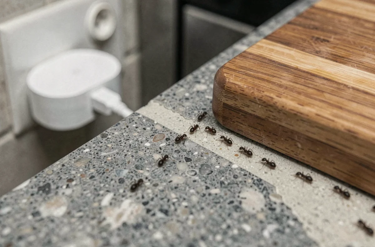 Fourmis noires envahissant un plan de travail de cuisine avec un répulseur ultrasonique en arrière-plan, méthode de lutte antiparasitaire moderne 2026