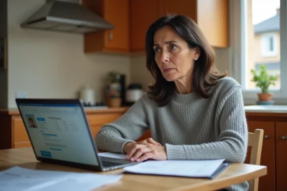 Femme au foyer consultant ses droits chômage Pôle emploi sur ordinateur portable à la maison