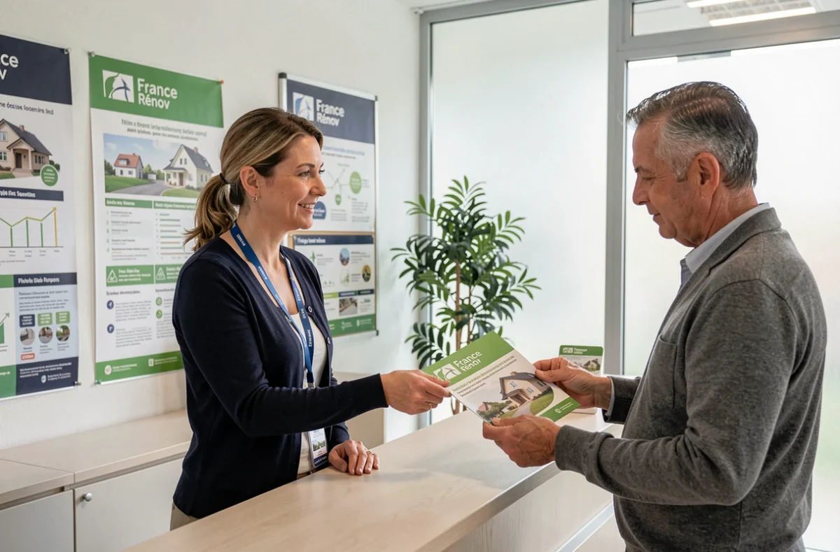 Conseillère France Rénov' Jura remettant une brochure d'information sur la rénovation énergétique à un propriétaire