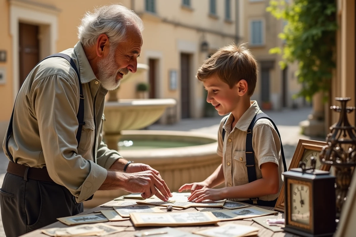 Grand-père et petit-fils explorant ensemble des objets anciens sur un marché aux puces provençal dans les Bouches-du-Rhône, sortie intergénérationnelle en famille