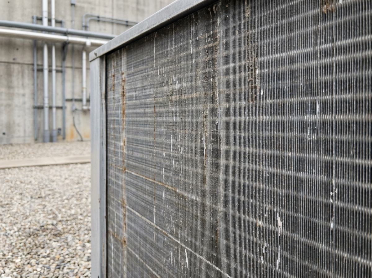 Gros plan sur les ailettes en aluminium d'un échangeur de dry cooler industriel montrant les détails de texture et les traces d'usure après une utilisation prolongée
