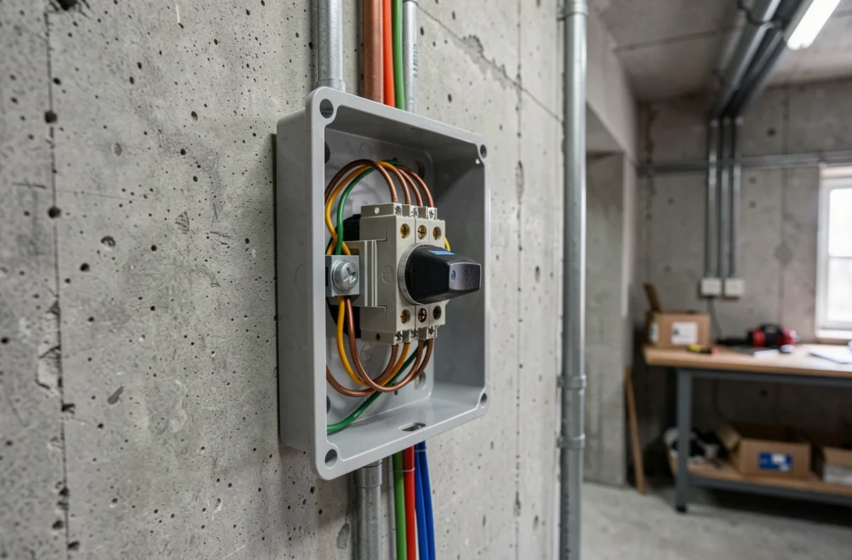 Gros plan sur le câblage d'un interrupteur poussoir branché dans un boîtier électrique encastré dans un mur en béton brut