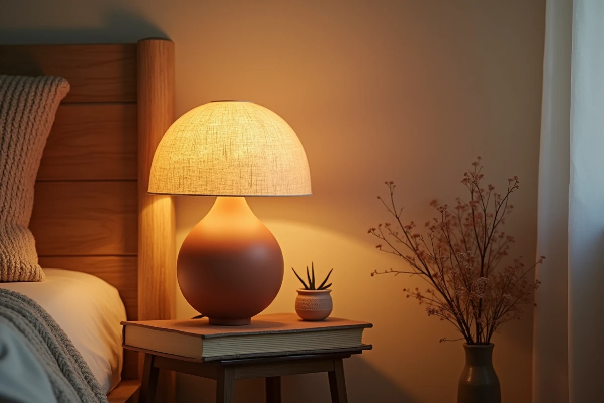 Gros plan d'une lampe de chevet champignon en céramique terracotta mate avec abat-jour en papier de riz ambré