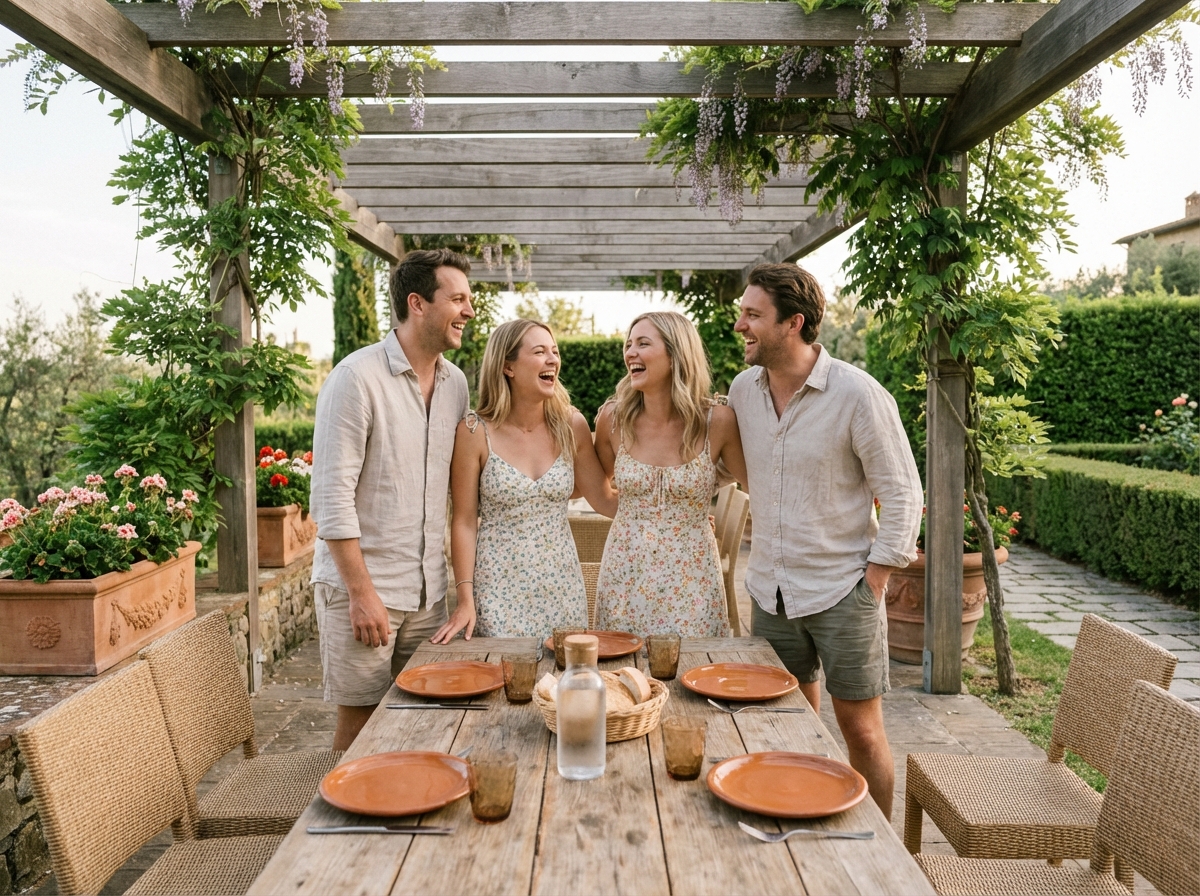 Groupe d'amis souriants dans un jardin en été