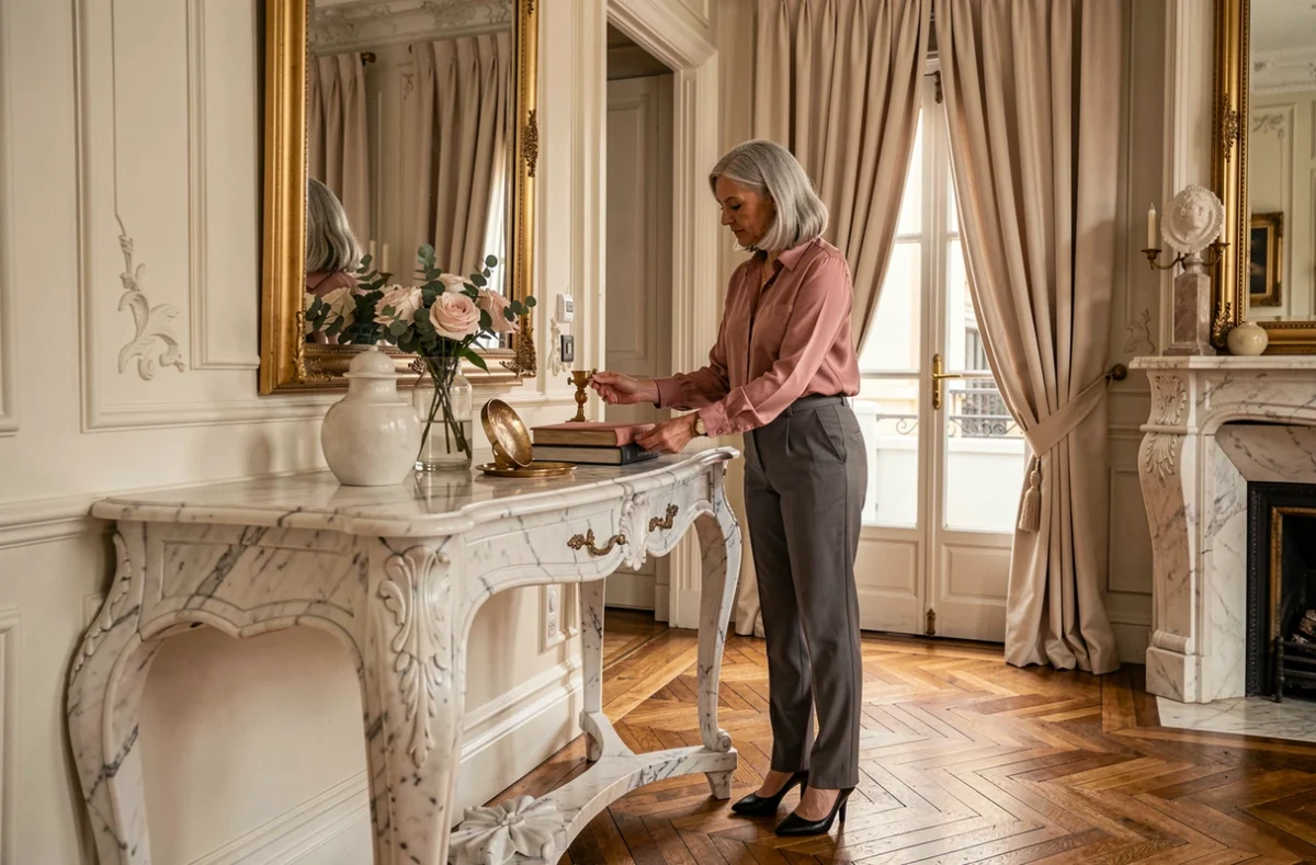 Anne de Latude, décoratrice Harmonies 34, arrangeant des accessoires décoratifs dans un appartement de Béziers