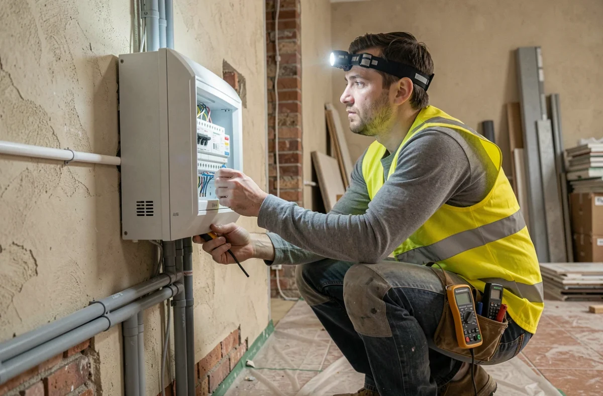Électricien installant un tableau électrique dans une pièce en cours de rénovation à Saint-Amour, Jura
