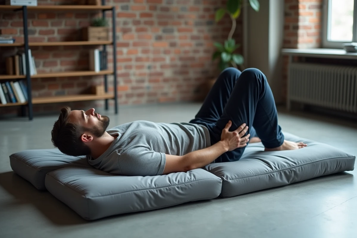 Homme allongé sur le dos sur un futon matelas pliable dans un appartement studio moderne au sol en béton