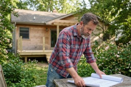 Homme réfléchissant avec plans architecturaux dans son jardin