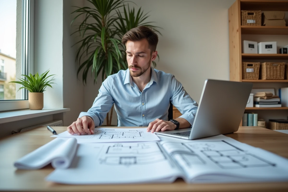 Jeune homme examinant des croquis architecturaux dans un bureau moderne