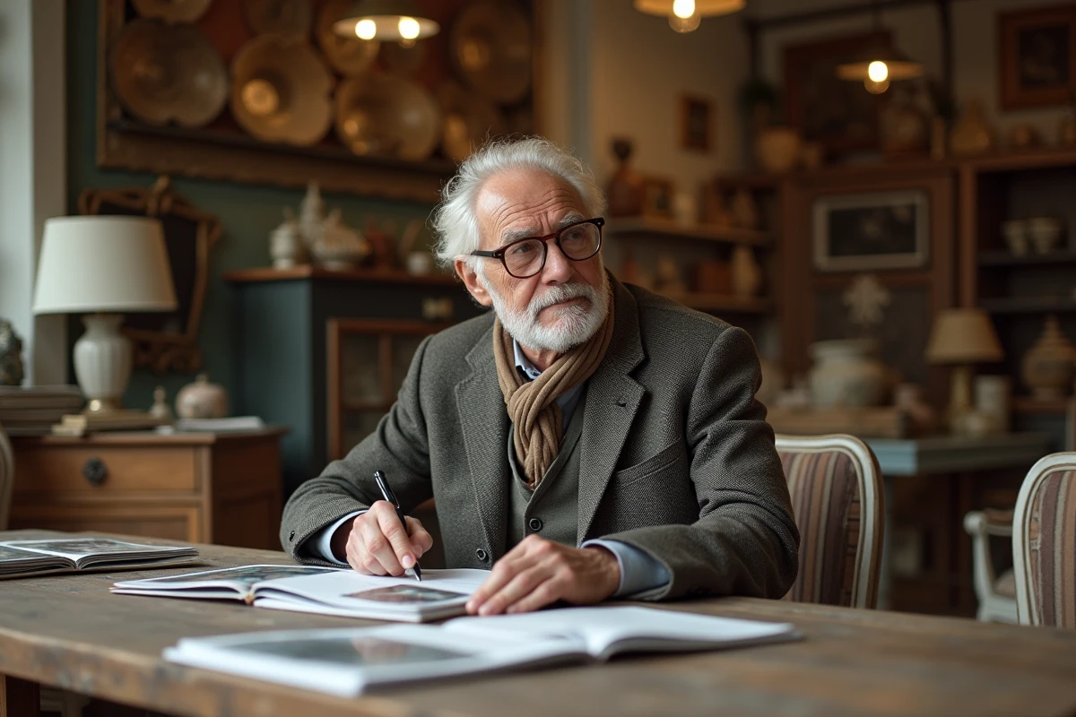 Homme âgé prenant des notes dans une boutique de brocante