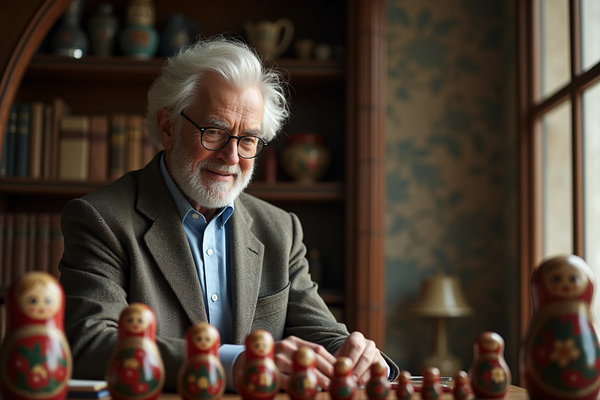 Homme âgé arrangeant des poupées russes dans une bibliothèque