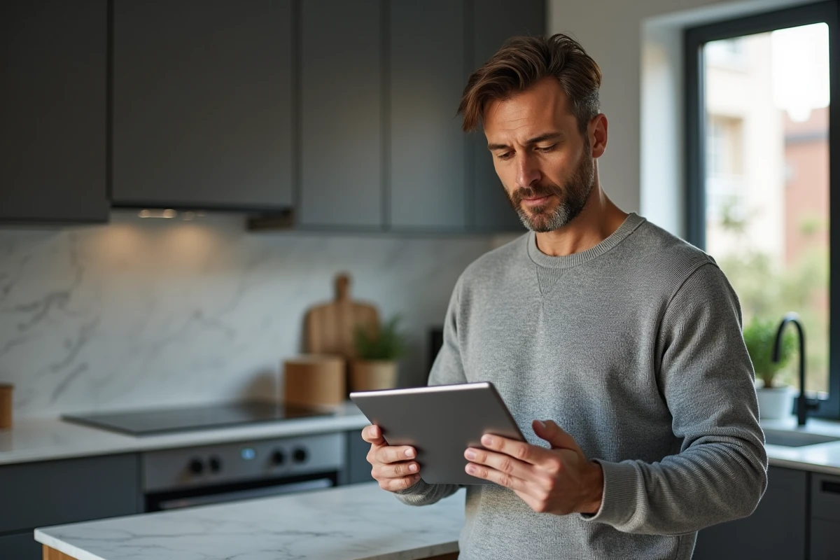 Homme comparant un produit de maison acheté en ligne avec sa tablette dans une cuisine moderne