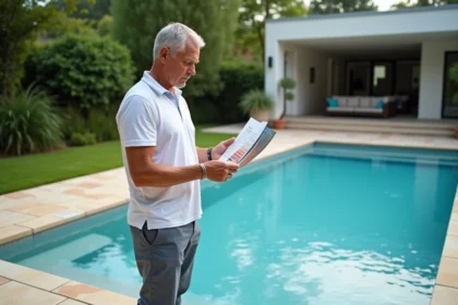 Homme d'âge moyen examine un échantillon de couleur près d'une piscine