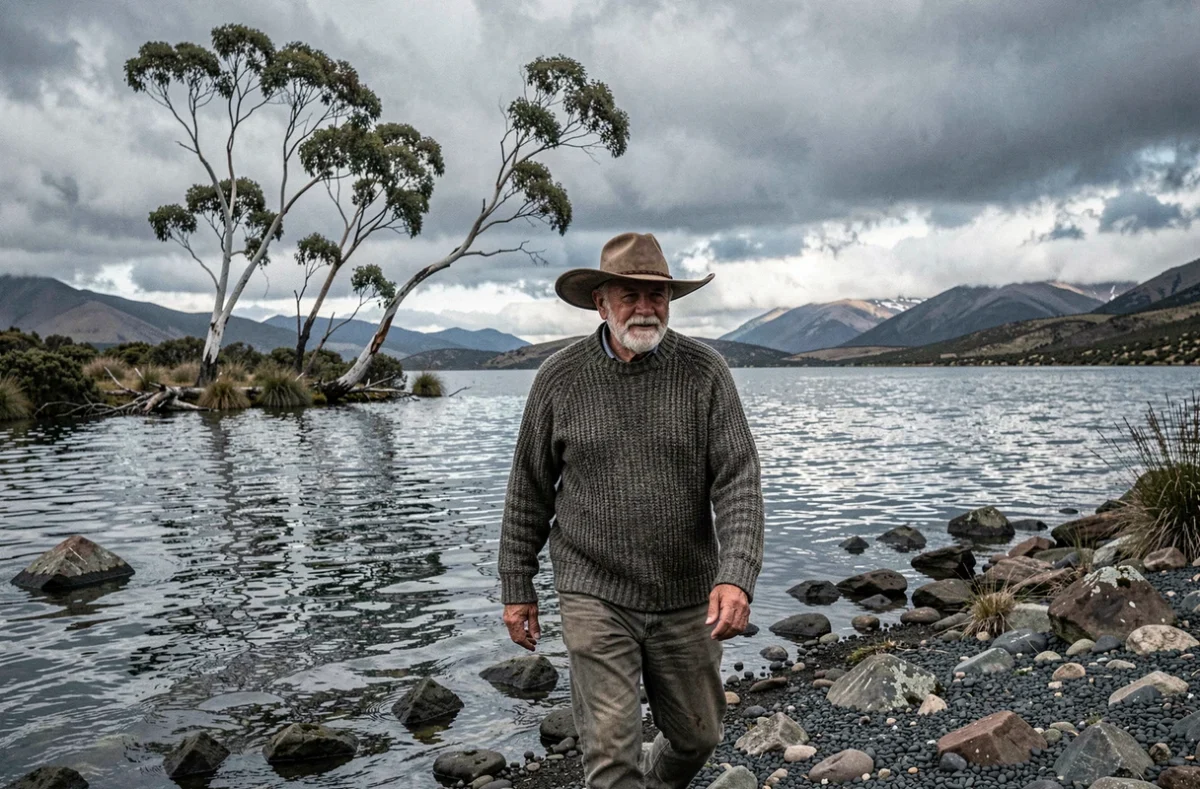 Homme en chapeau de gaucho marchant au bord d'un lac patagonien sauvage sous un ciel nuageux