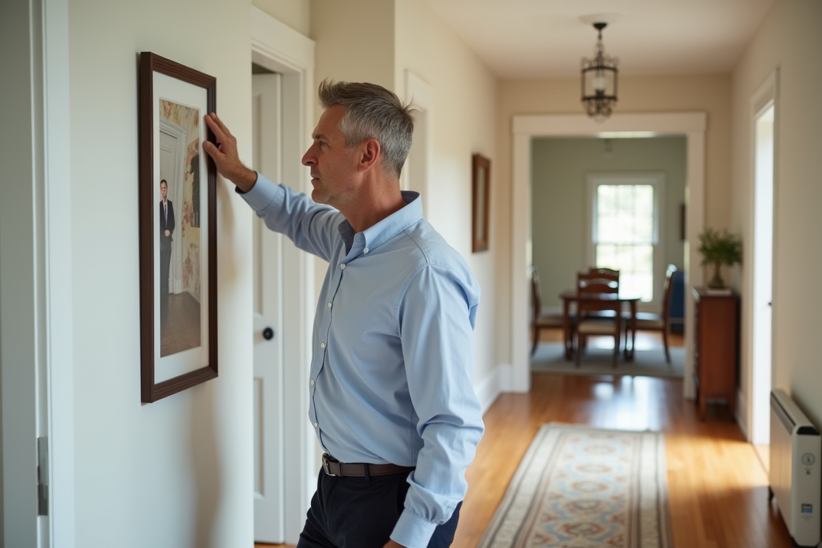 Homme ajustant un tableau dans un couloir lumineux
