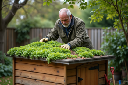 Homme en vêtements de jardinage arrangeant des sedums sur un toit vert