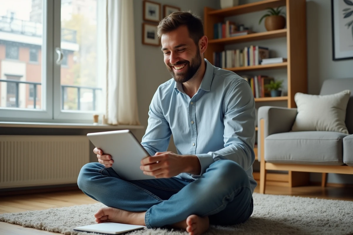 Jeune homme lisant des instructions sur une tablette dans le salon